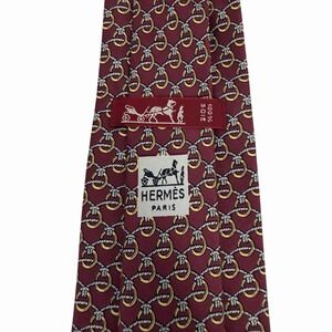 Hermes Men's Tie Rope Rings Burgundy/Gray Satin Silk 784 MA 3.25" (W) x 55" (L)